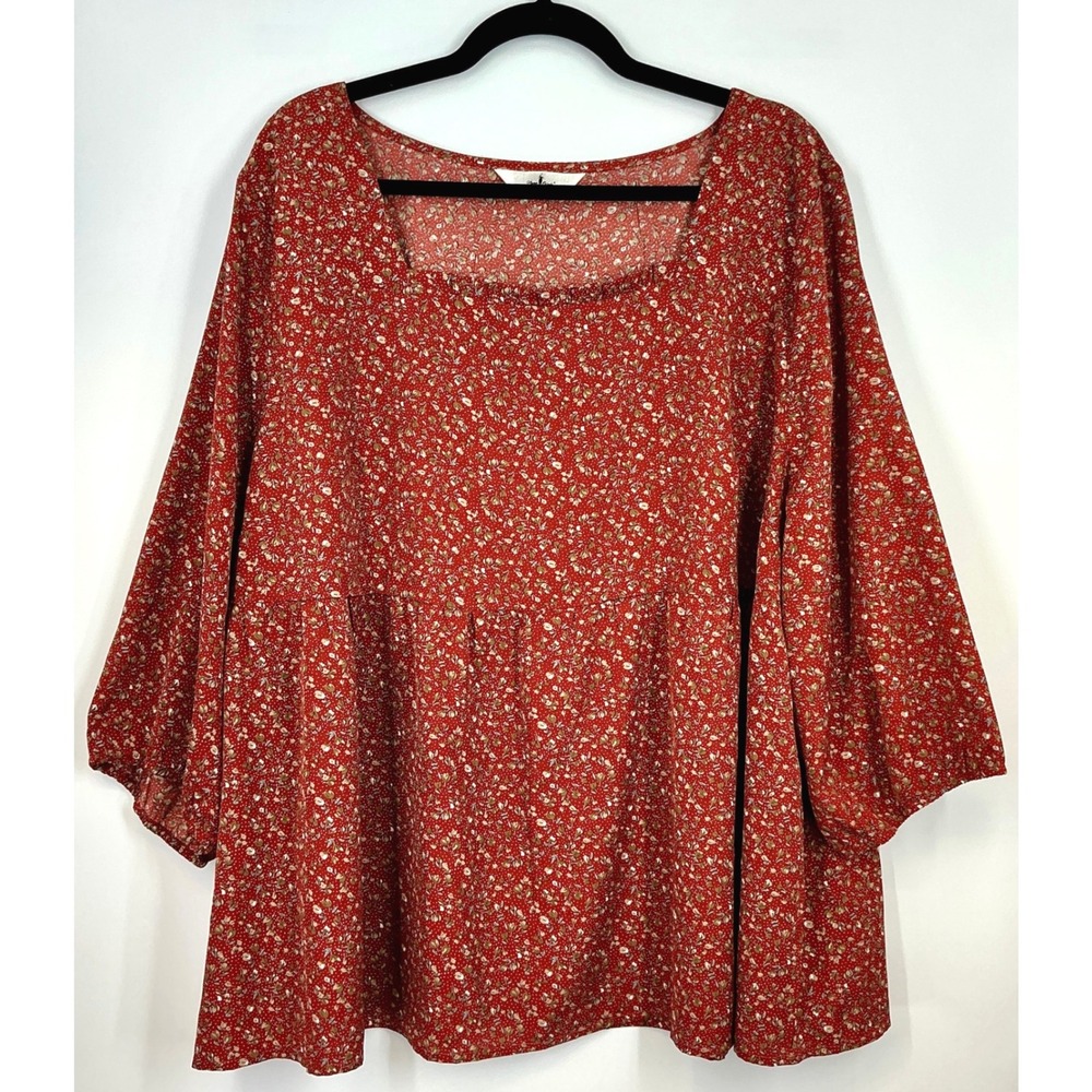 Agnes Orinda Rust Red‎ Floral Square Neck Babydoll Blouse Size 4X Cottagecore